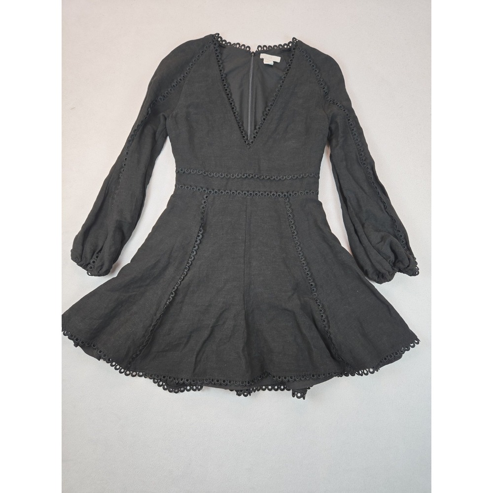 H&M Black Eyelet Trim Long Sleeve‎ Mini Dress XXS Linen Blend Boho Fit & Flare